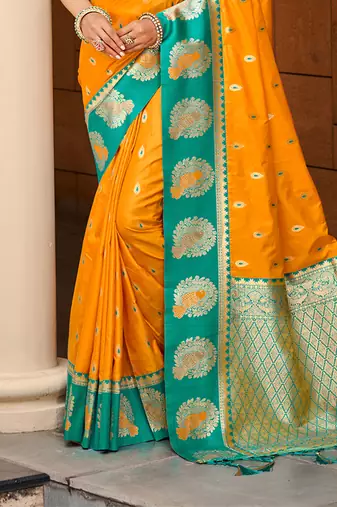 yellow silk blend woven work traditional saree