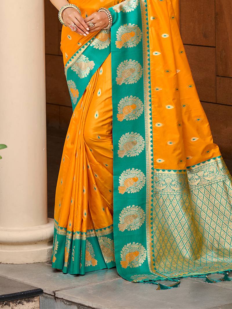 yellow silk blend woven work traditional saree