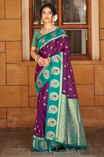 wine   silk blend woven work traditional saree