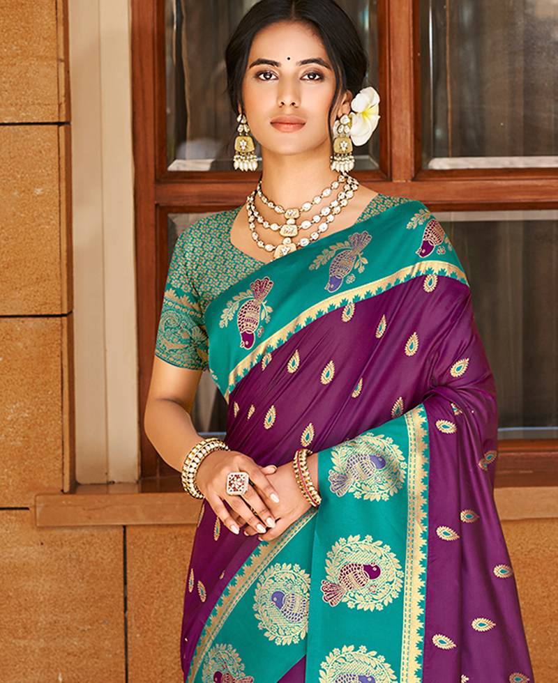 wine   silk blend woven work traditional saree