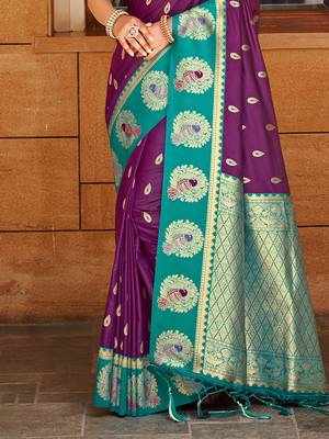 wine   silk blend woven work traditional saree 3