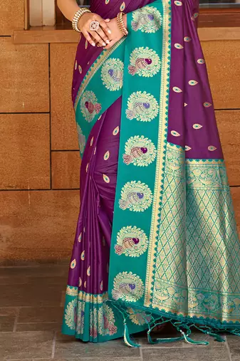 wine   silk blend woven work traditional saree