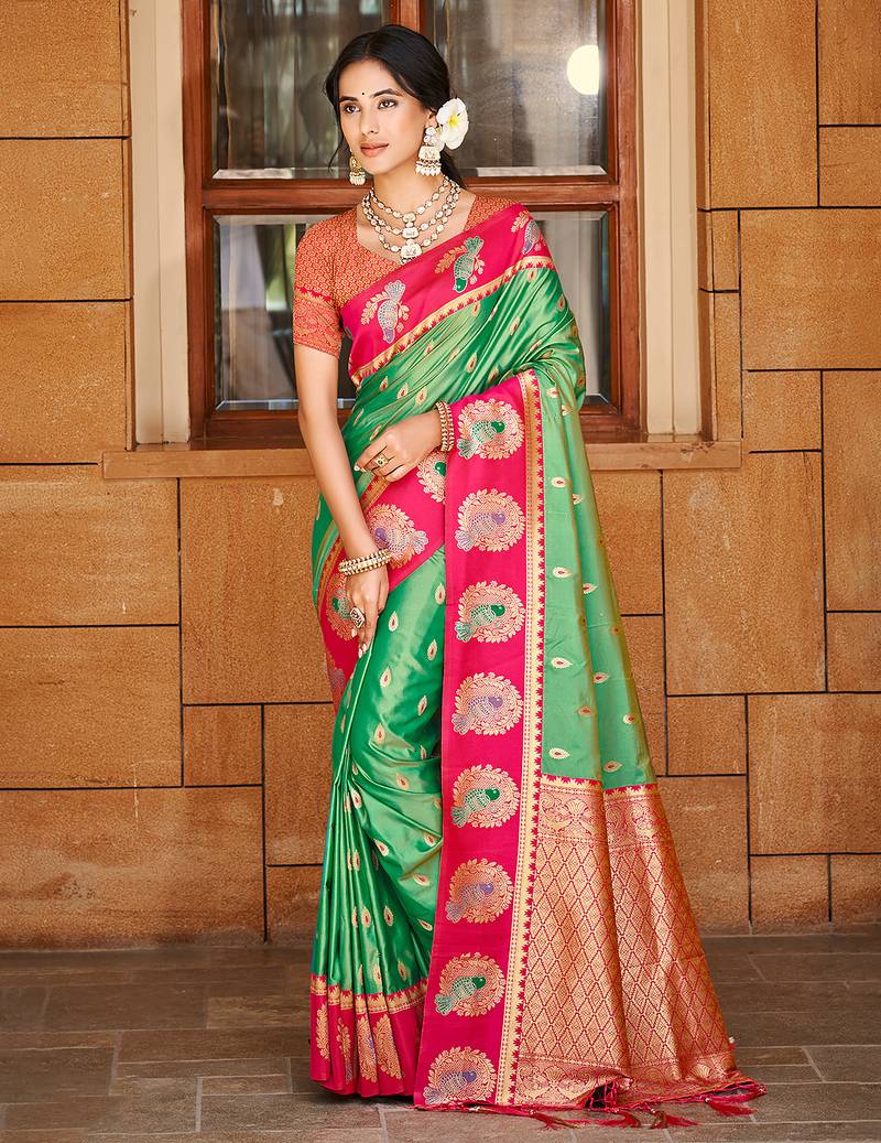 green silk blend woven work traditional saree