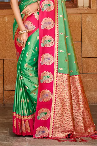 green silk blend woven work traditional saree
