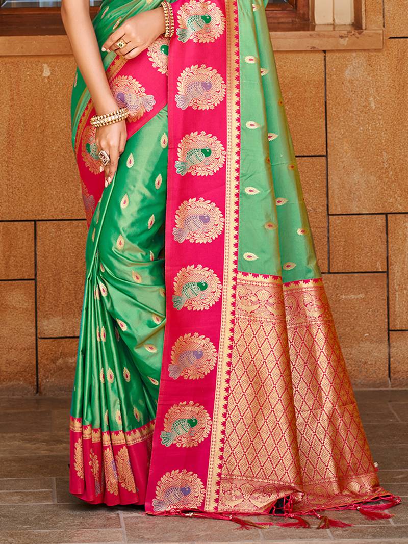 green silk blend woven work traditional saree