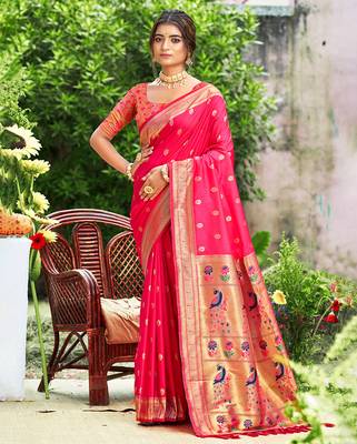 rani pink silk blend woven work traditional saree 1
