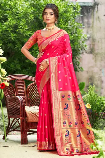 rani pink silk blend woven work traditional saree