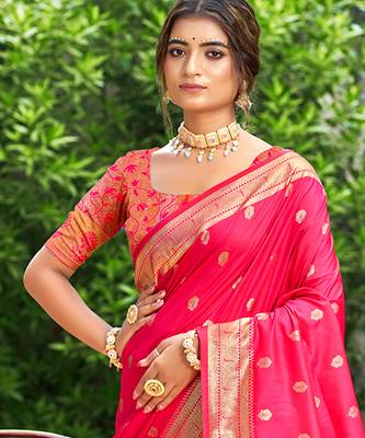 rani pink silk blend woven work traditional saree 2
