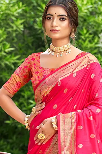 rani pink silk blend woven work traditional saree