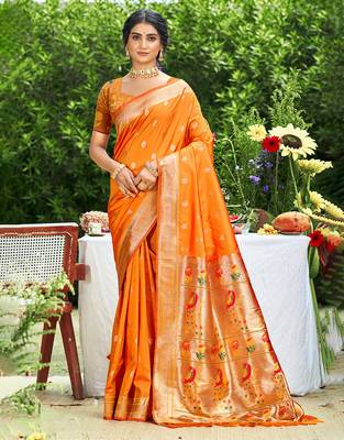 orange silk blend woven work traditional saree 1