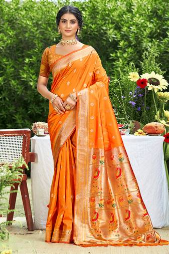 orange silk blend woven work traditional saree