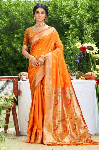 orange silk blend woven work traditional saree