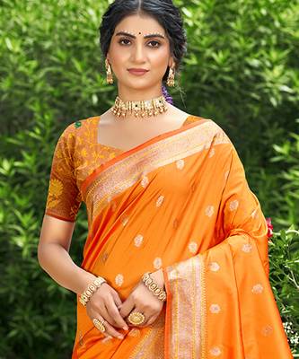 orange silk blend woven work traditional saree 2
