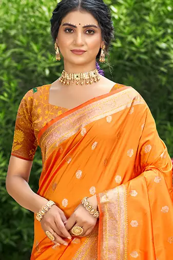 orange silk blend woven work traditional saree