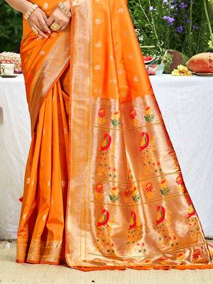 orange silk blend woven work traditional saree 3