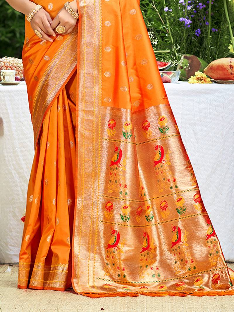 orange silk blend woven work traditional saree