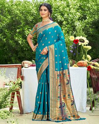 teal silk blend woven work traditional saree 1