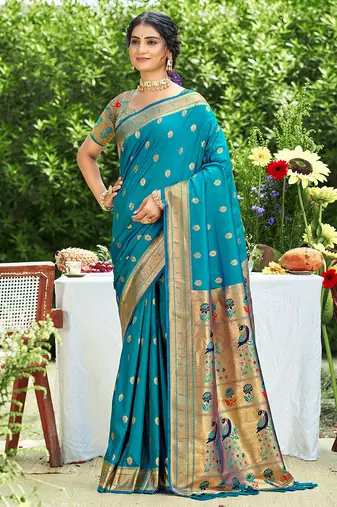 teal silk blend woven work traditional saree