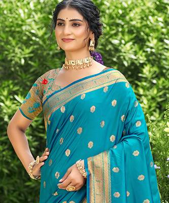 teal silk blend woven work traditional saree 2