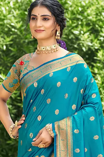 teal silk blend woven work traditional saree