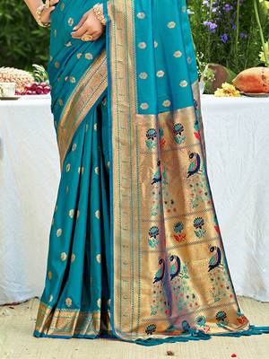 teal silk blend woven work traditional saree 3
