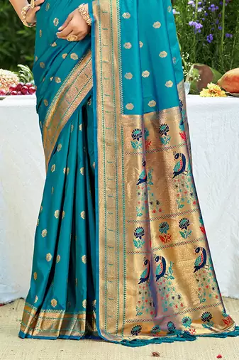 teal silk blend woven work traditional saree