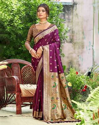 wine silk blend woven work traditional saree 1