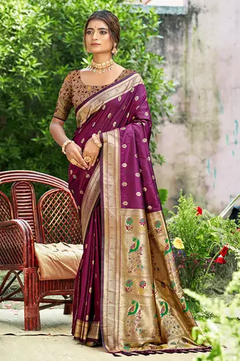 wine silk blend woven work traditional saree