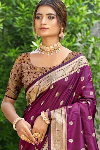 wine silk blend woven work traditional saree
