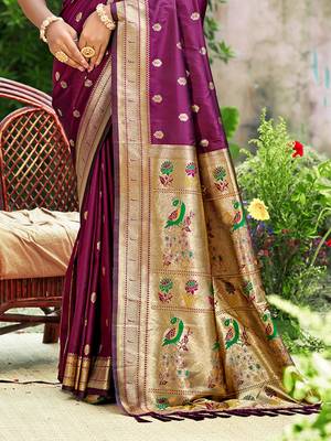 wine silk blend woven work traditional saree 3