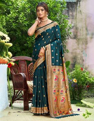 teal blue silk blend woven work traditional saree 1
