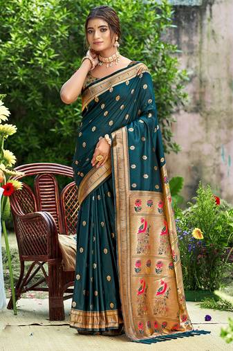 teal blue silk blend woven work traditional saree