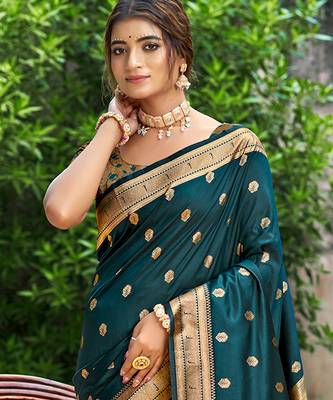 teal blue silk blend woven work traditional saree 2