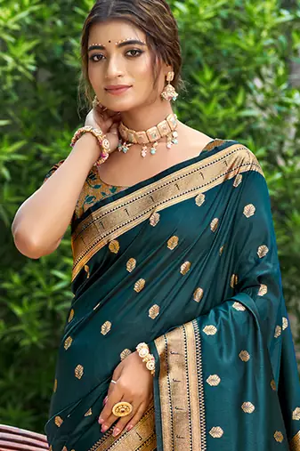 teal blue silk blend woven work traditional saree