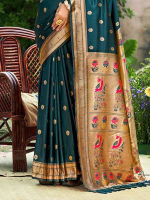teal blue silk blend woven work traditional saree 3
