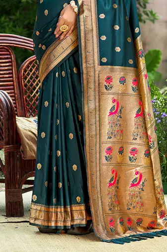 teal blue silk blend woven work traditional saree