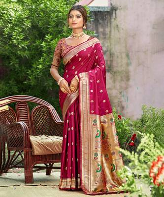 pink silk blend woven work traditional saree 1