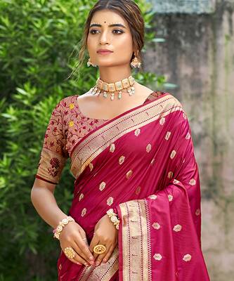 pink silk blend woven work traditional saree 2