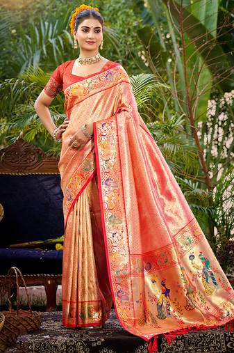 red  silk blend woven work traditional saree