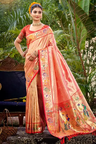 red  silk blend woven work traditional saree