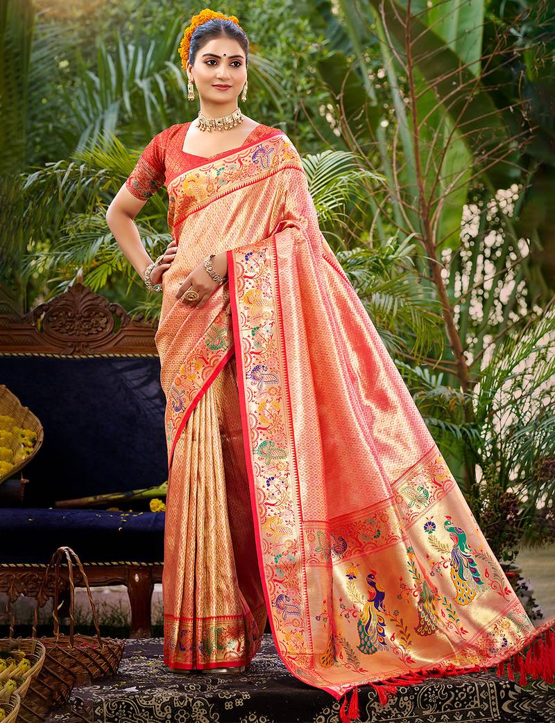 red  silk blend woven work traditional saree