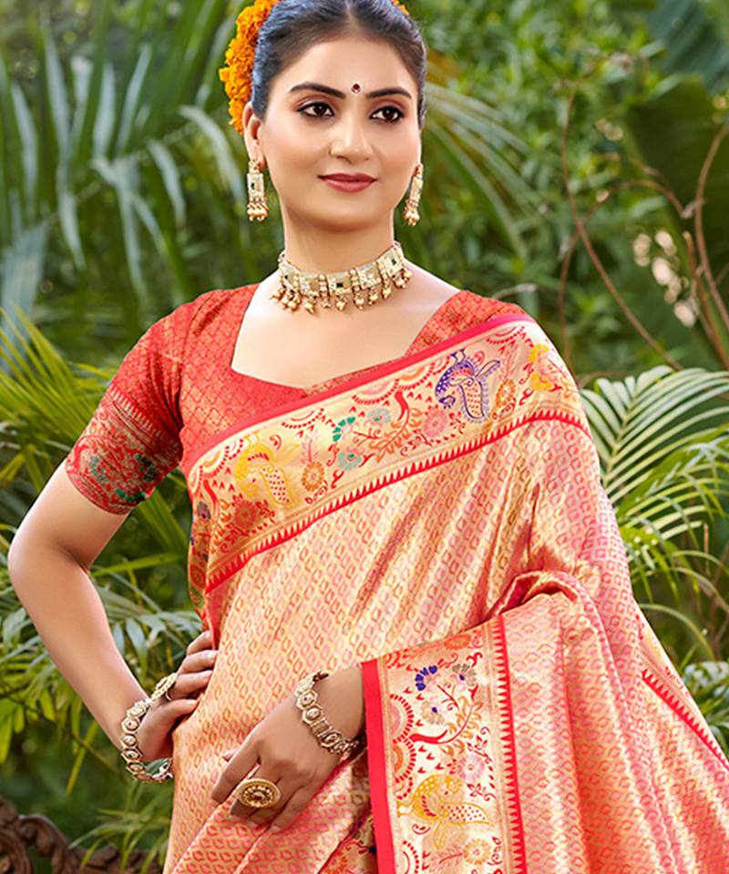 red  silk blend woven work traditional saree