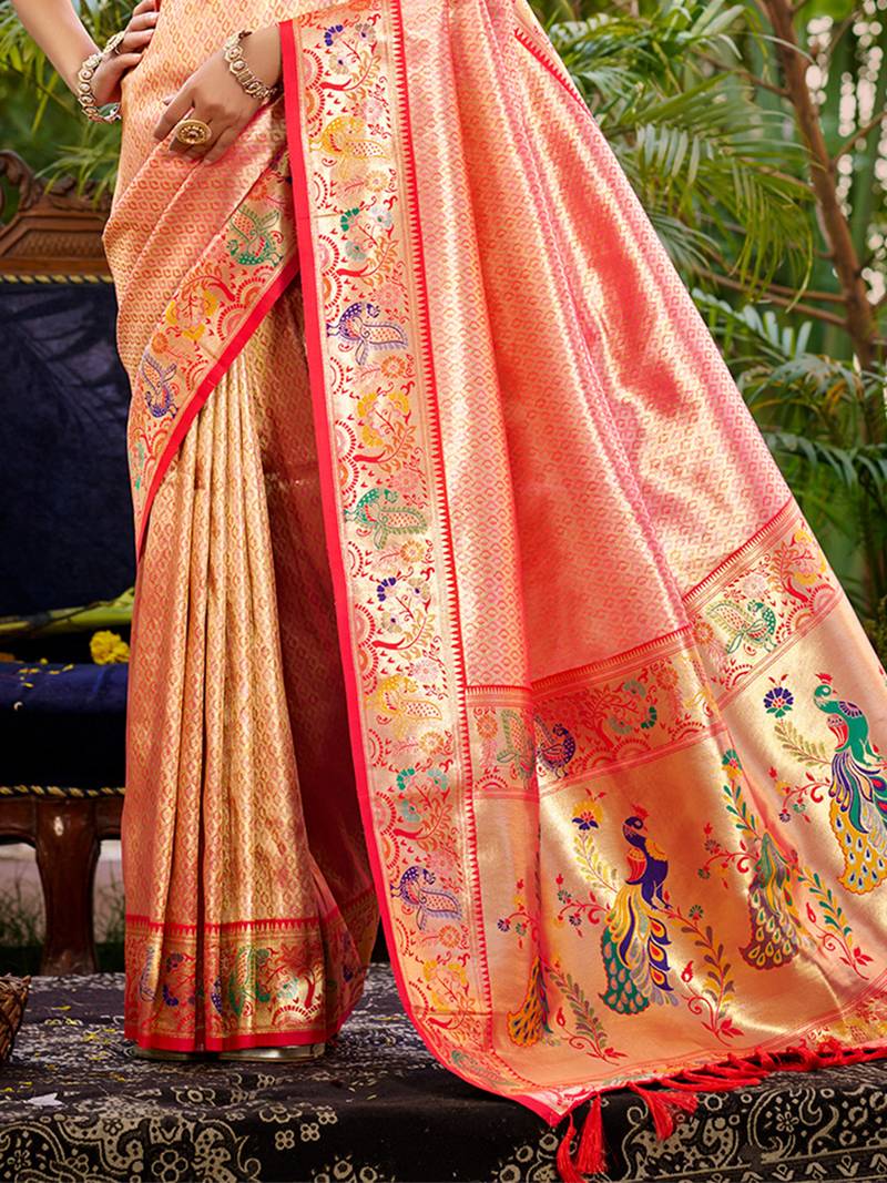 red  silk blend woven work traditional saree