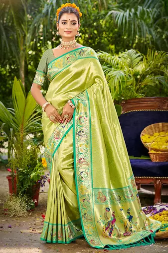 parrot green silk blend woven work traditional saree