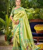 parrot green silk blend woven work traditional saree