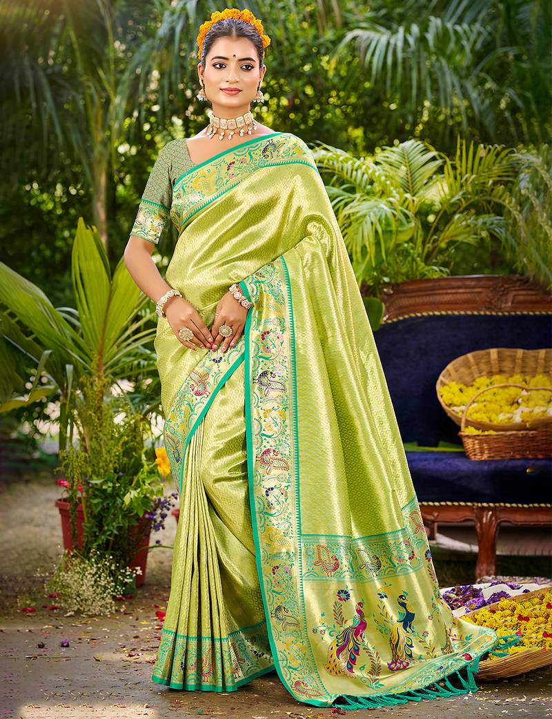 parrot green silk blend woven work traditional saree