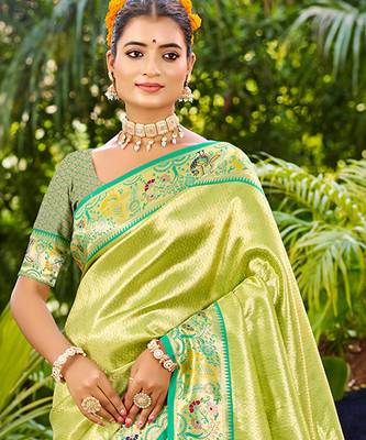 parrot green silk blend woven work traditional saree 2
