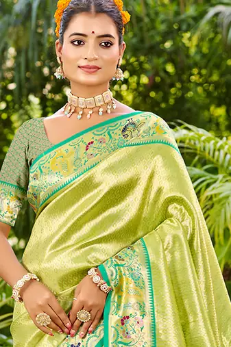 parrot green silk blend woven work traditional saree