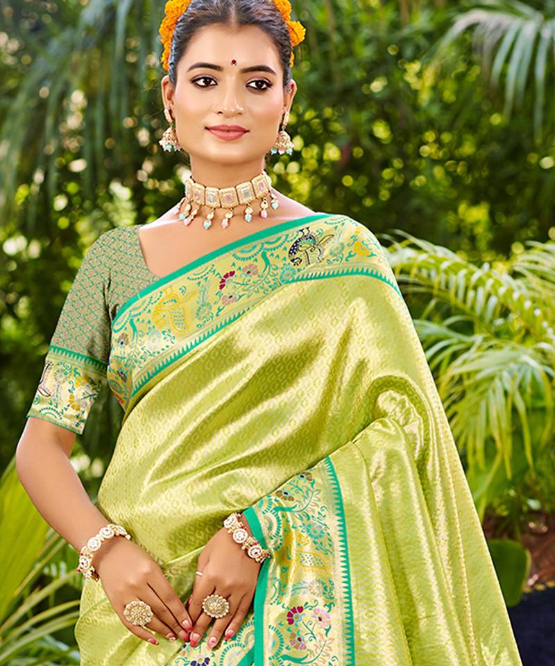 parrot green silk blend woven work traditional saree