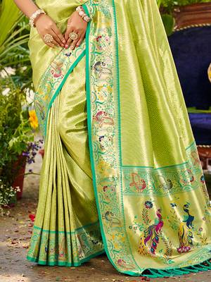 parrot green silk blend woven work traditional saree 3